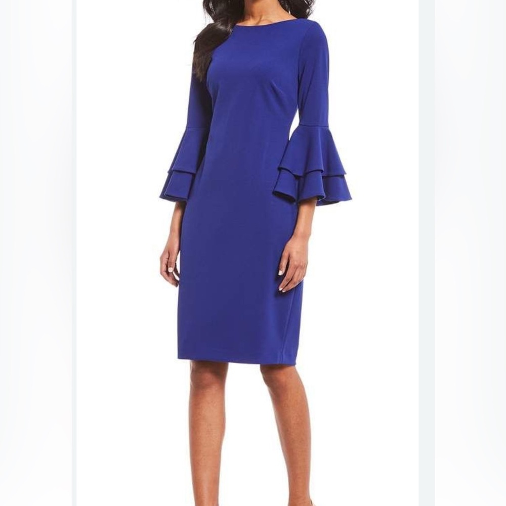 🆕 Calvin Klein Elegant Blue Ruffle Sleeve Dress